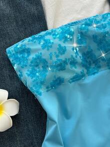 SHEIN Unity 1 chiếc áo quây kiểu Mỹ màu đen, phong cách thường ngày, thích hợp cho tiệc năm mới, tiệc chiêu đãi, đính sequin và phối nhiều mảnh, hở lưng, eo co giãn, gợi cảm, lãng mạn, thích hợp cho tiệc cocktail dành cho nữ. - Màu xanh nhạt - Xem 3