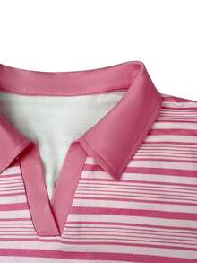 SHEIN Áo thun ngắn tay kẻ sọc kiểu dáng thường ngày dành cho nữ, thích hợp cho mùa hè. - Màu Hồng baby - Xem 3