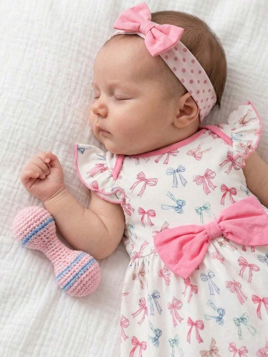 SHEIN 新生女宝宝蝴蝶结装饰针织柔软圆领短袖束腰连衣裙 - 彩色 - 查看 1