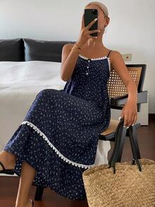 DAZY Floral Lace Patchwork Sleeveless Camisole Waist Nightgown For Women - Navy Blue - View 2