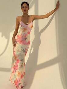 Aloruh 女士印花蕾丝拼接吊带连衣裙 - 咖啡棕 - 查看 3