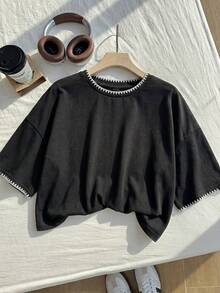 Comfortcana 休闲圆领短袖露脐女式T恤，适合夏季穿着 - 黑色 - 查看 6