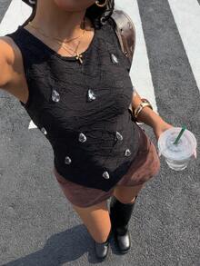 Muchica Áo tank top ôm sát người màu đen dệt kim bất đối xứng dành cho nữ - màu đen - Xem 4