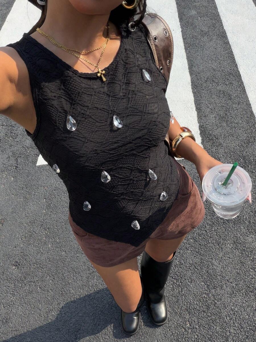 Muchica Áo tank top ôm sát người màu đen dệt kim bất đối xứng dành cho nữ - màu đen - Xem 1