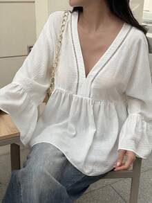 Livesso Elegant All White Autumn Chiffon Shirt For Women,Floral Ruffle Patchwork V-Neck Pullover Long Sleeve Top,Casual Vacation Beach Vacation Cover Up - White - View 6
