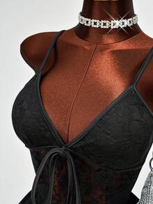 Mistrie Đầm mini dáng chữ A cổ chữ V hở lưng, phối ren đen, kiểu dáng mùa hè mới, thích hợp cho buổi hẹn hò, đi club hoặc mặc ngủ gợi cảm. - màu đen - Xem 6