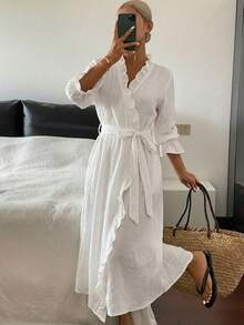 Romantic Ruffled Hem Long Wrap Around Women Sleepwear Robe, For Fall & Winter Pajama, Cozy Outfit - White - View 3