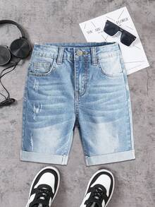 SHEIN Quần short denim xanh dương đơn giản, cơ bản, co giãn, ôm sát, chất liệu mềm mại, thích hợp mặc hàng ngày và mùa hè cho bé trai. - Rửa nhẹ - Xem 7