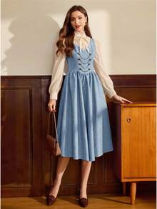 Vintamour 复古优雅女士连衣裙，带口袋，双排扣，链条金属纽扣，休闲度假连衣裙，秋季女装，秋季穿搭，秋季连衣裙，冬季连衣裙，冬季服装，冬季女装，圣诞节女装，圣诞节服装，圣诞节派对连衣裙，棕色连衣裙，优雅女装，优雅女装 - 淺藍色 - 查看 4