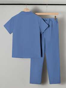 Vacaura 2 piezas Conjunto de verano para adolescentes, camisa con botones y pantalones de corte holgado, uso diario casual - Azul - Ver 2