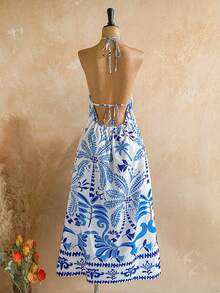Soleia Plus Size White Print Spaghetti Strap Backless Maxi Dress, Suitable For Beach Holiday Vacation, Music Festival, Summer Ladies Dresses,Music Festival, Outfits, Clothing,Festival Outfits For Women ,Beach Outfit For Women,Holiday Outfits For Women , Boho - Blue and White - View 3