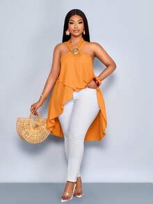 SOLERSUN Plus Size Women's Spring And Summer Fashion Elegant Sexy Leisure Vacation Long Shirt Sleeveless Strap Hanging Neck Twisted Shirt/Blouse, A Front Short Rear Long Cross Overlapping Back Split Solid Color Orange Texture Woven Fabric Wavy Shell Metal Decoration Suitable For Daily Dressing Shopping Date Shopping Beach Dressing Tropical Vacation Music Festival, Quiet Luxury Vacation - Orange - View 4