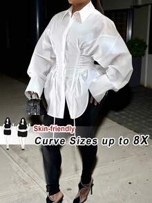 SHEIN CURVE+ 大码时尚纯色交叉绑带腰部前开襟纽扣衬衫裙 - 白色 - 查看 2