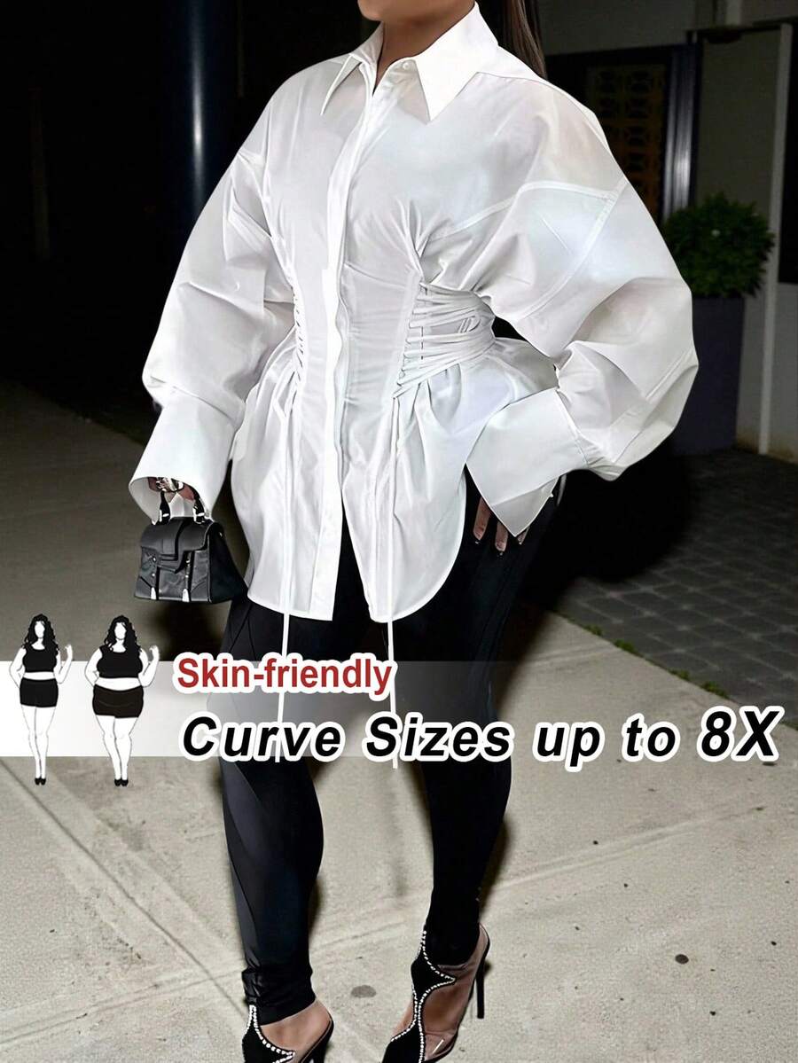 SHEIN CURVE+ 大码时尚纯色交叉绑带腰部前开襟纽扣衬衫裙