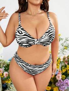 SHEIN Swim Curve Bộ bikini và quần tam giác in họa tiết da báo dành cho nữ cỡ lớn, thích hợp mặc đi biển mùa hè. - Đen và trắng - Xem 5