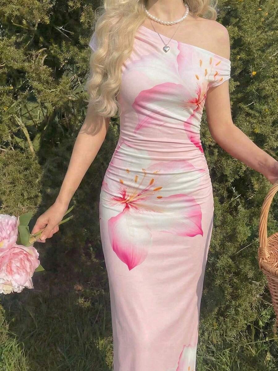 SHEIN 少女热带度假优雅印花不对称下摆修身度假连衣裙 - 粉色 - 查看 1