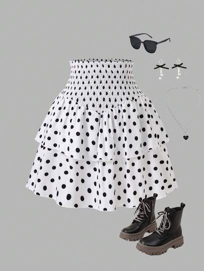 SHEIN Teen Girl Polka Dot Print Shirred Waist Tiered Frill Trim A-Line Skirt