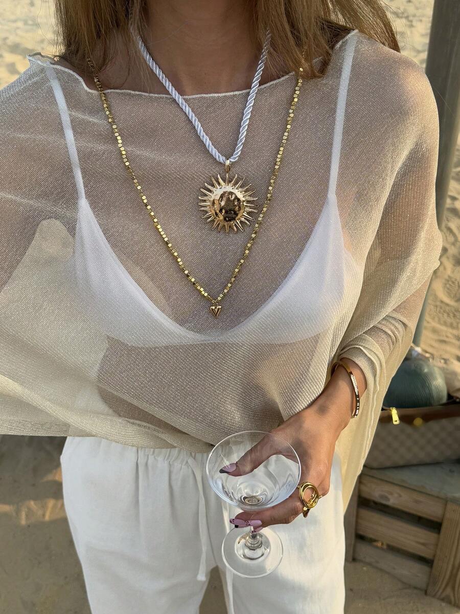 DAZY Áo khoác ngoài nữ cổ tròn, chất liệu xuyên thấu, vạt bất đối xứng. - Màu Khaki - Xem 1