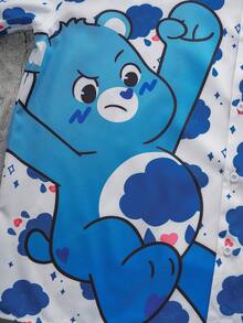 SHEIN X Care Bears 男士休闲蓝色卡通云朵印花衬衫，夏季 - 藍色 - 查看 3