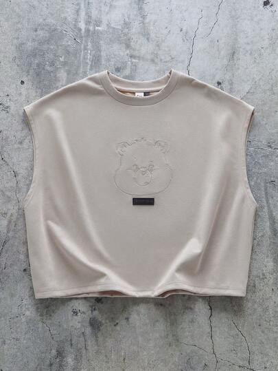 SHEIN X Care Bears Áo tank top nam kiểu dáng thường ngày, thêu hình hoạt hình, thích hợp cho mùa hè.