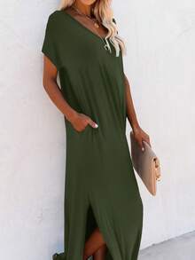Louniche Women's Casual Solid Color High Slit Short Sleeve Midi Dress, Summer - Army Green - View 7