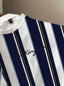 Manfinity Joysei Kaos Lengan Pendek Bergaris Blok Warna Kasual Pria, Musim Panas - Navy Blue - View 3