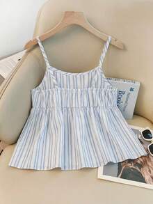 女童休闲度假蓝色条纹波点蕾丝吊带背心，柔软时尚设计，适合夏季、度假、旅行、上学、日常穿着。 - 藍色 - 查看 2