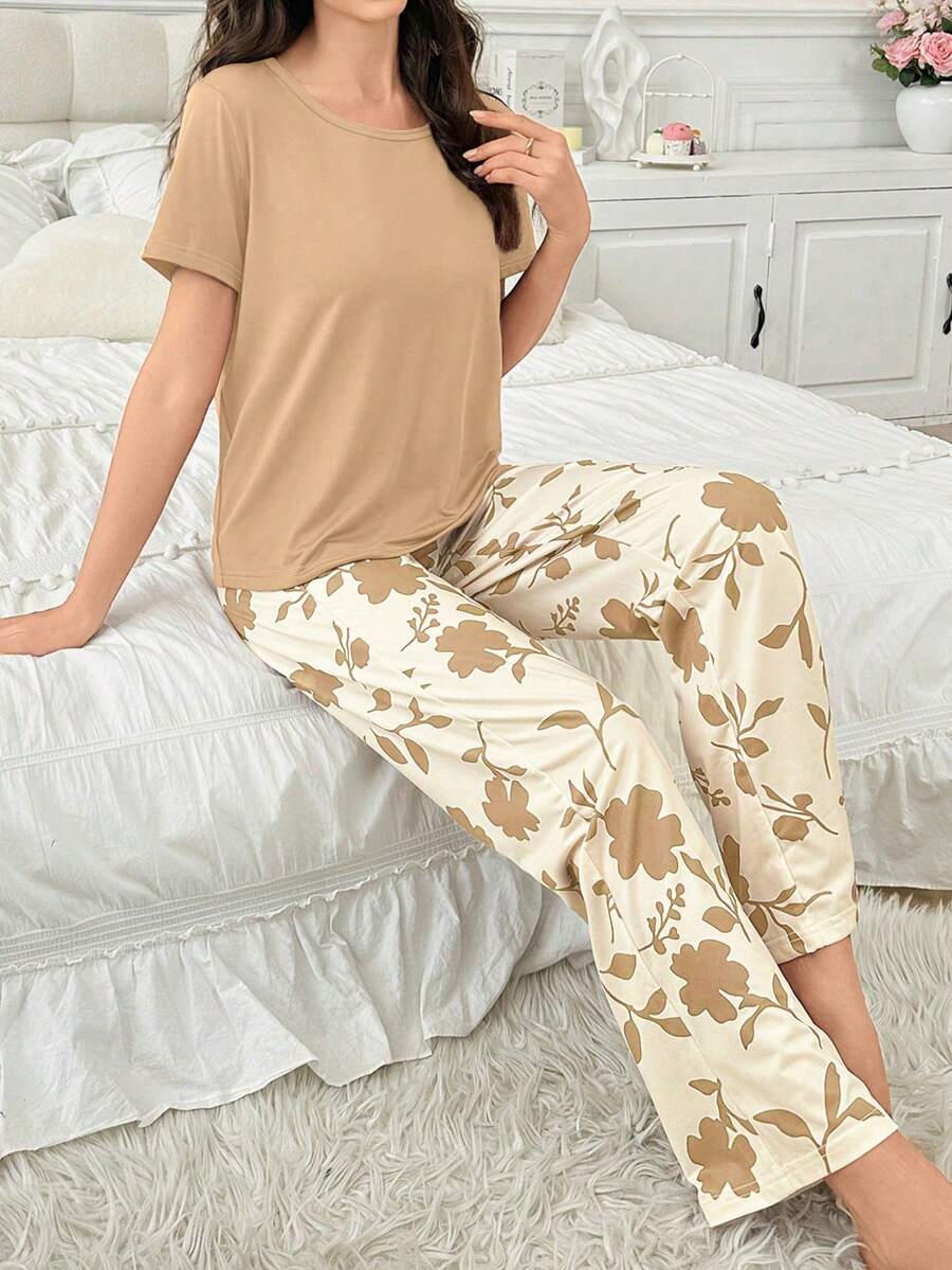 Contrast Color Casual Print Short Sleeve & Pants Women Pajama Set - Khaki - View 1
