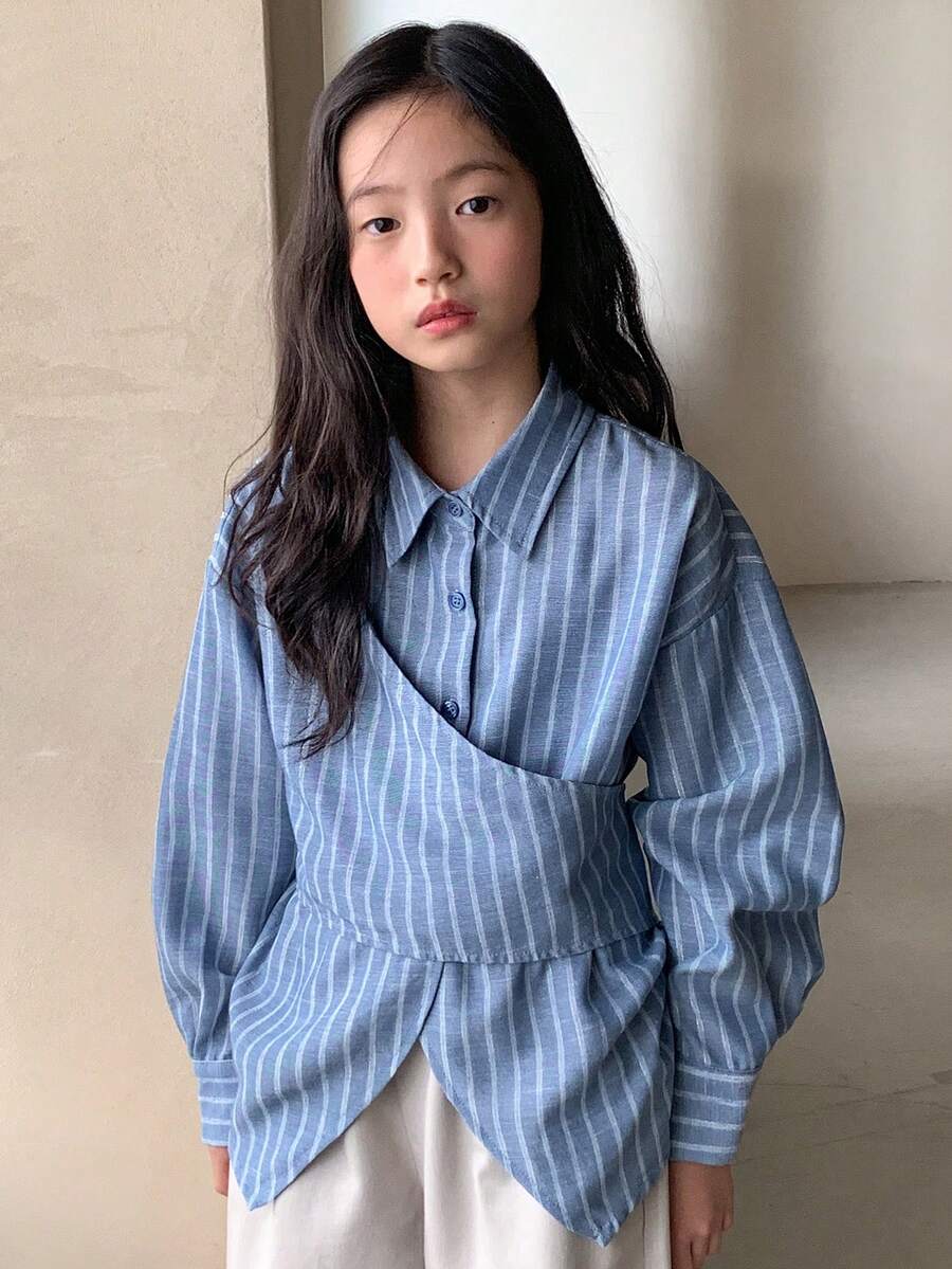 DAZY Tween Girls Turndown Collar Striped Long Sleeve Woven Shirt - Dusty Blue - View 1