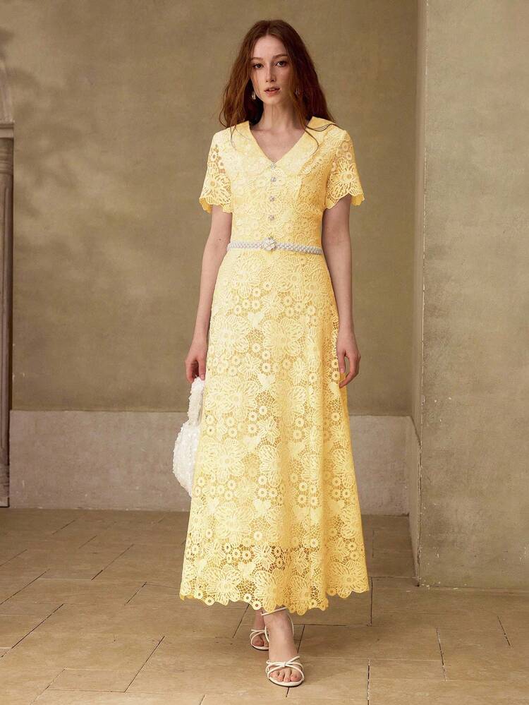 GUIPURE LACE ELEGANT FLORAL LONG DRESS FOR WOMEN