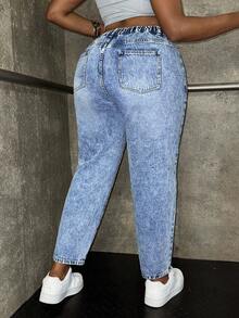 SHEIN PETITE CURVE 大码纯色弹力斜插口袋休闲日常牛仔裤 - 中等水洗藍 - 查看 2