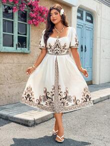 Breezaya Plus Size Floral Print Square Neck Waist Cinched Short Sleeve Midi Casual Dress, Spring/Summer Women Dress Picnic Dresses For Women Resort Wear Women Vacation Dress Plus Size Dress For Women - Multicolor - View 3