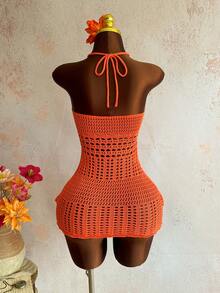 Roelina Đầm ngắn hở lưng khoét ren móc gợi cảm, thích hợp mặc ngoài biển cùng bikini trong kỳ nghỉ. - trái cam - Xem 2