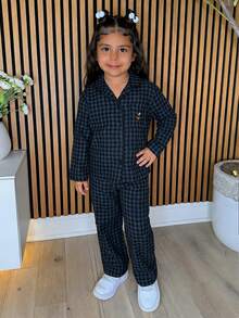 Dazy Kids Girls' Plaid Embroidered Long Sleeve Top And Pants Pajama Set, Young Girl Fall Clothes - Navy Blue - View 4