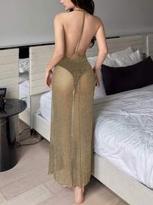 DAZY Metallic Sheer Mesh & Satin Backless Deep V-Neck Sexy Nightgown Lingerie For Women - Gold - View 4