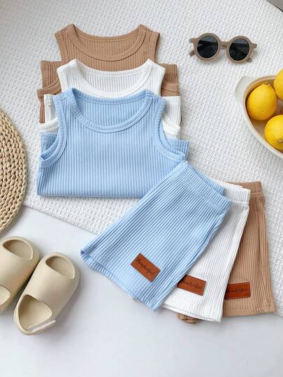 SHEIN 3pcs/Set Unisex Baby Boy/Girl Casual Solid Color Ribbed Knit Vest Outfit Set, Spring/Summer Baby Clothes