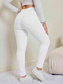 SHEIN Tall Quần jeans nữ dáng ôm cạp cao, chất liệu co giãn, màu tối, thích hợp cho mùa thu/đông, chất vải mềm mại, co giãn tốt, thích hợp cho vải skinny. - trắng - Xem 2