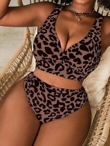 Slaydiva Plus Size Women's 2pcs Leopard Print V-Neck High Waist Triangle Bikini Swimwear - Multicolor - View 1