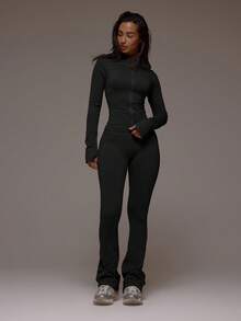 Musera Sport Zip Active BBL 夹克搭配喇叭褶皱臀部紧身裤套装 运动健身健身房普拉提日常休闲烟晶色 - 黑色 - 查看 5