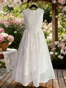 Lyxana Abito elegante da donna con collo rotondo, in Tencel, con vita arricciata e ricamo - Bianco - Visualizzare 3