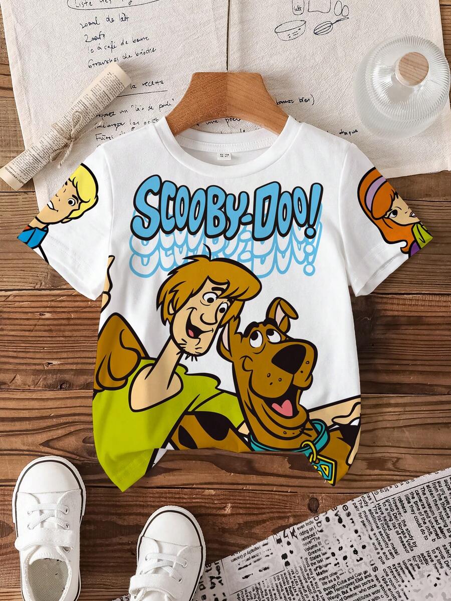 SCOOBY-DOO X SHEIN Baby Boy Letter & Cartoon Print Round Neck Short Sleeve T-Shirt - White - View 1
