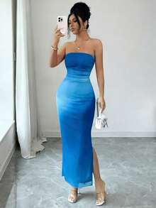 Rafferiza Women's Elegant Ruched Tie Dye Mesh Print Cinched Waist Strapless Party Split Dress - Blue - View 6