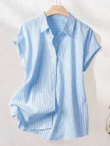 SHEIN Franclia Camisa de manga corta a rayas vintage, de moda para ir al trabajo en verano - Azul y blanco - Ver 6