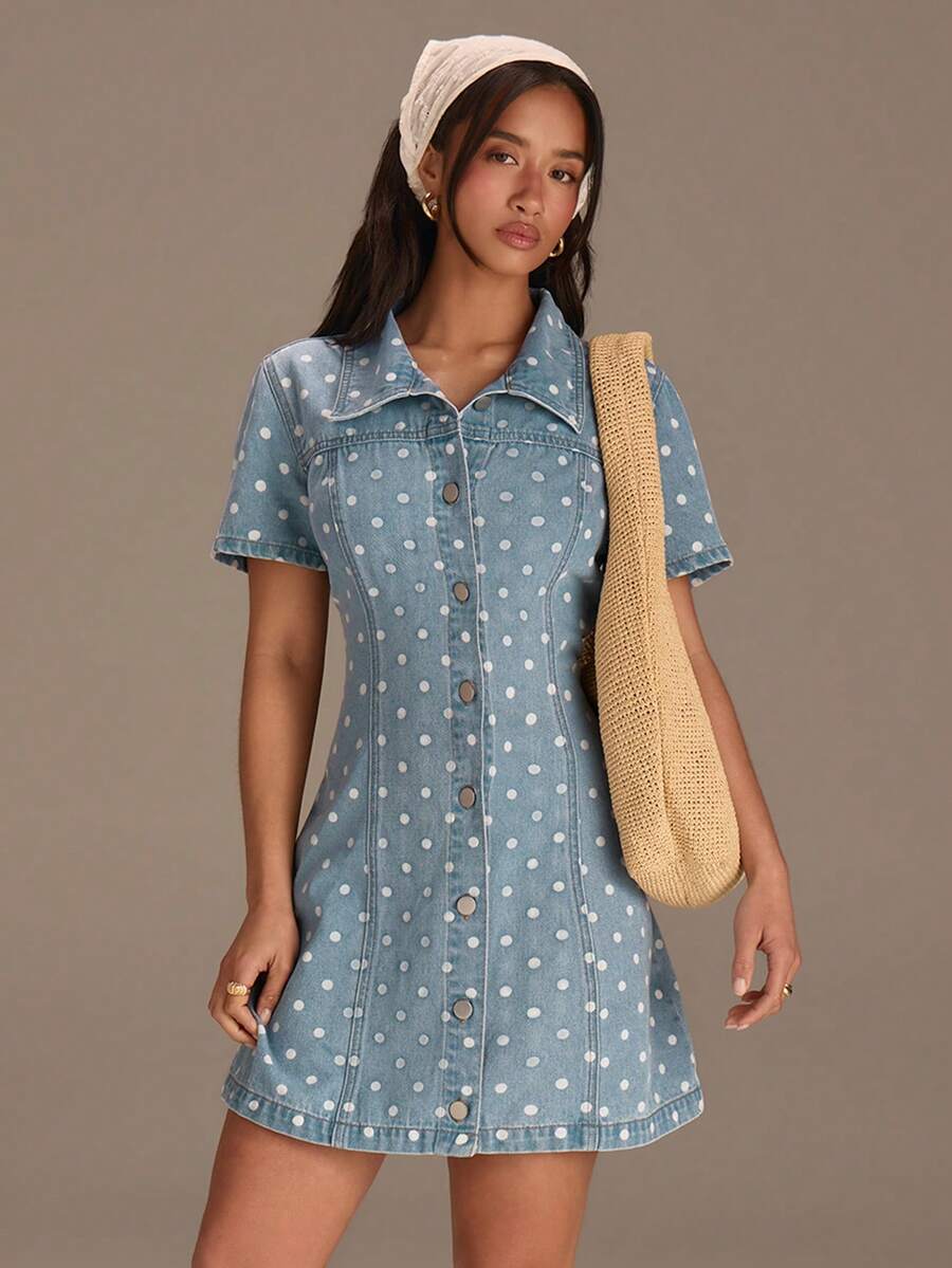 Athîral 女士休闲度假短袖翻领印花系带牛仔衬衫 - 深色水洗藍 - 查看 1