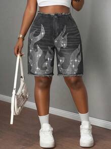 Slaydiva Women's Rhinestone Flame Pattern Frayed Hem Pocket Casual Bermuda Denim Shorts - Black - View 4