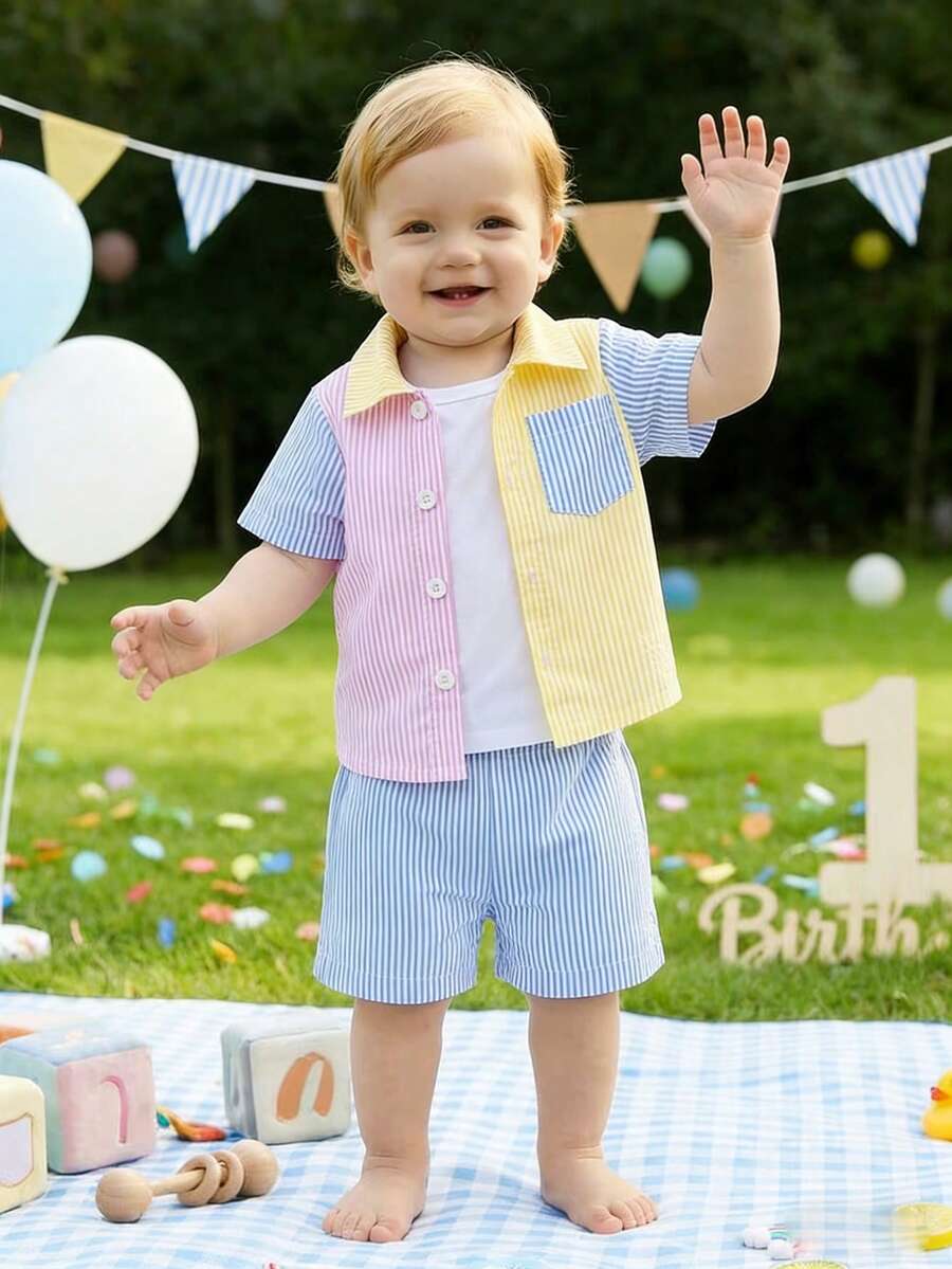 SHEIN Baby Boys' Casual Striped Shirt & Shorts Set - Multicolor - View 1