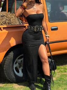 SHEIN EZwear 亮黑色吊带迷你连衣裙（女款） - 黑色 - 查看 5