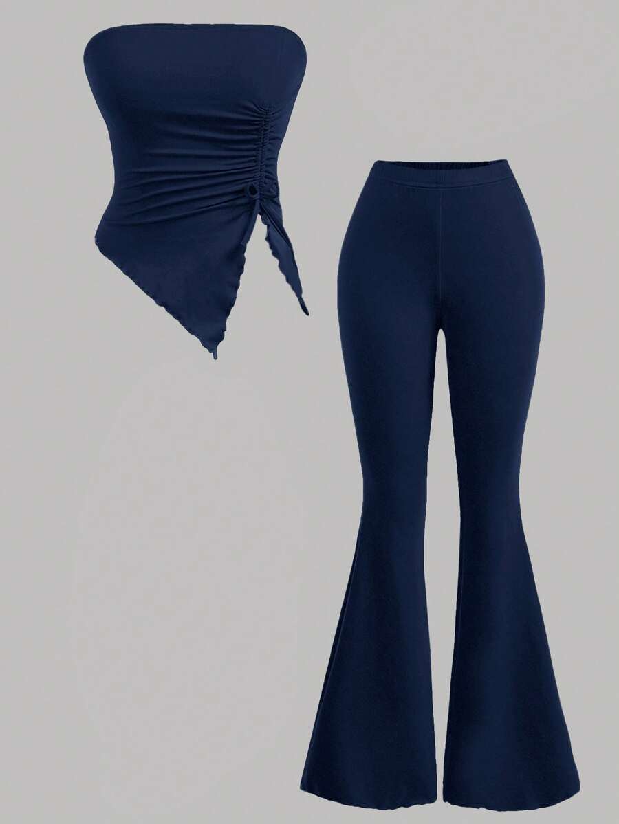 SHEIN Girlism 2pcs/Set Tween Girls' Casual Ruched Bandeau Top With Asymmetrical Hem And Flare Pants - Navy Blue - View 1