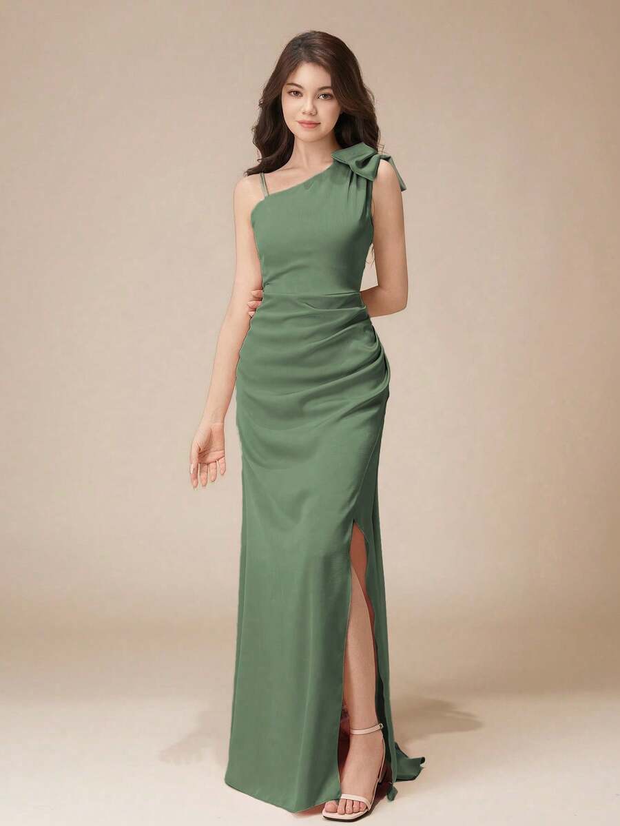 优雅少女单肩蝴蝶结褶裥开衩长裙,适合婚礼、舞会、生日派对、表演等正式场合 - 綠色 - 查看 1