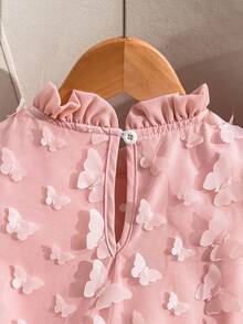 SHEIN Elladie kids 女童香槟色复古风连衣裙，雪纺泡泡袖+3D蝴蝶结大蝴蝶结公主薄纱裙，适合生日派对、钢琴演奏会、日常休闲穿着 - 粉色 - 查看 5